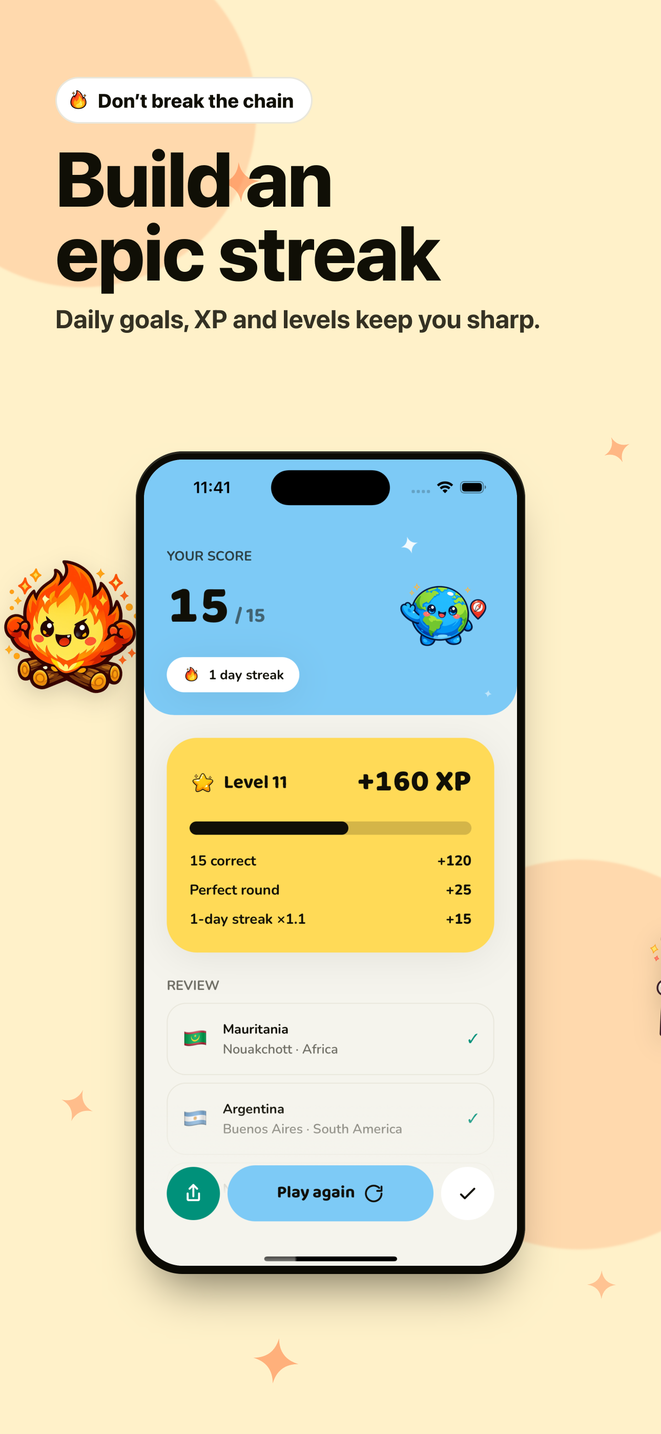 Result screen showing score, XP earned, level progress and a daily streak