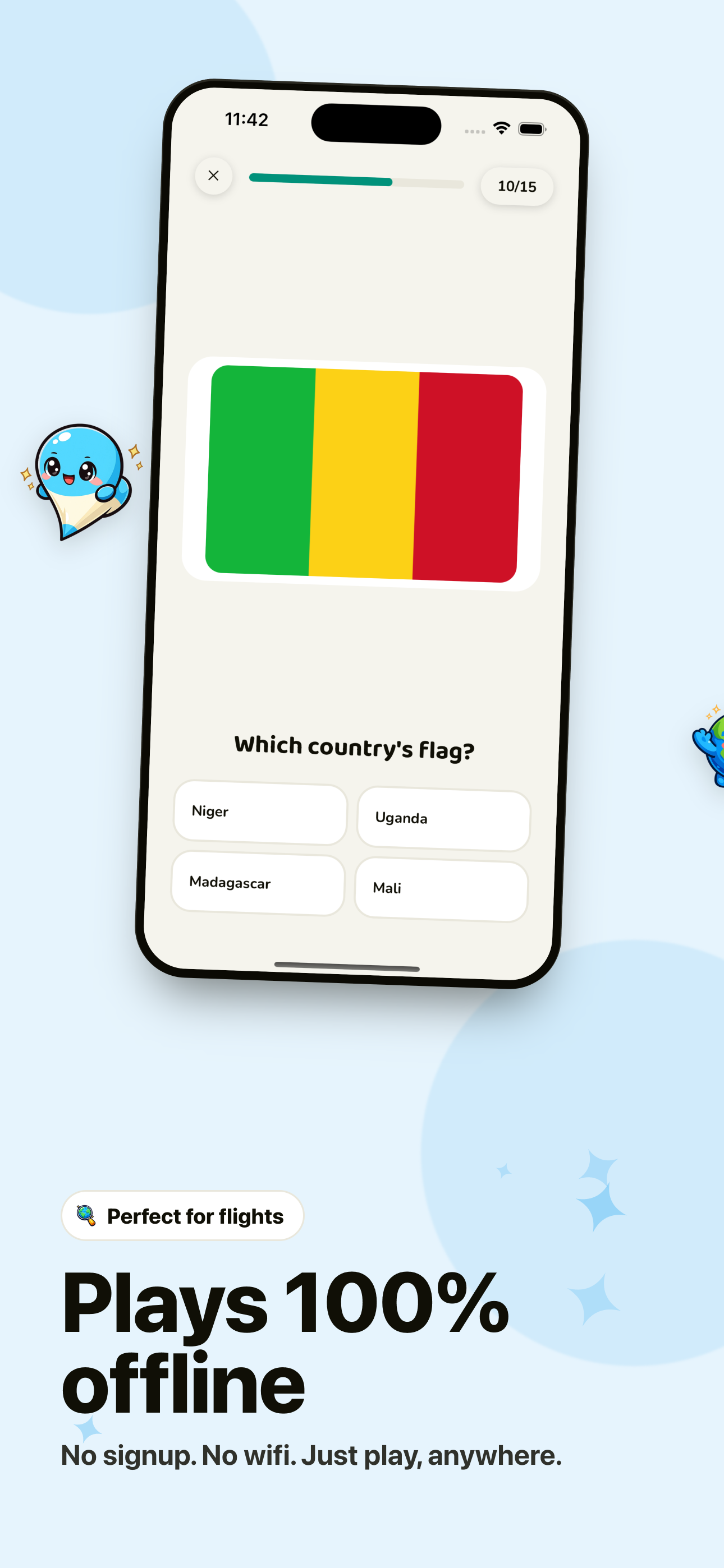 Flag Frenzy mode asking which country owns the flag of Mali — plays 100% offline