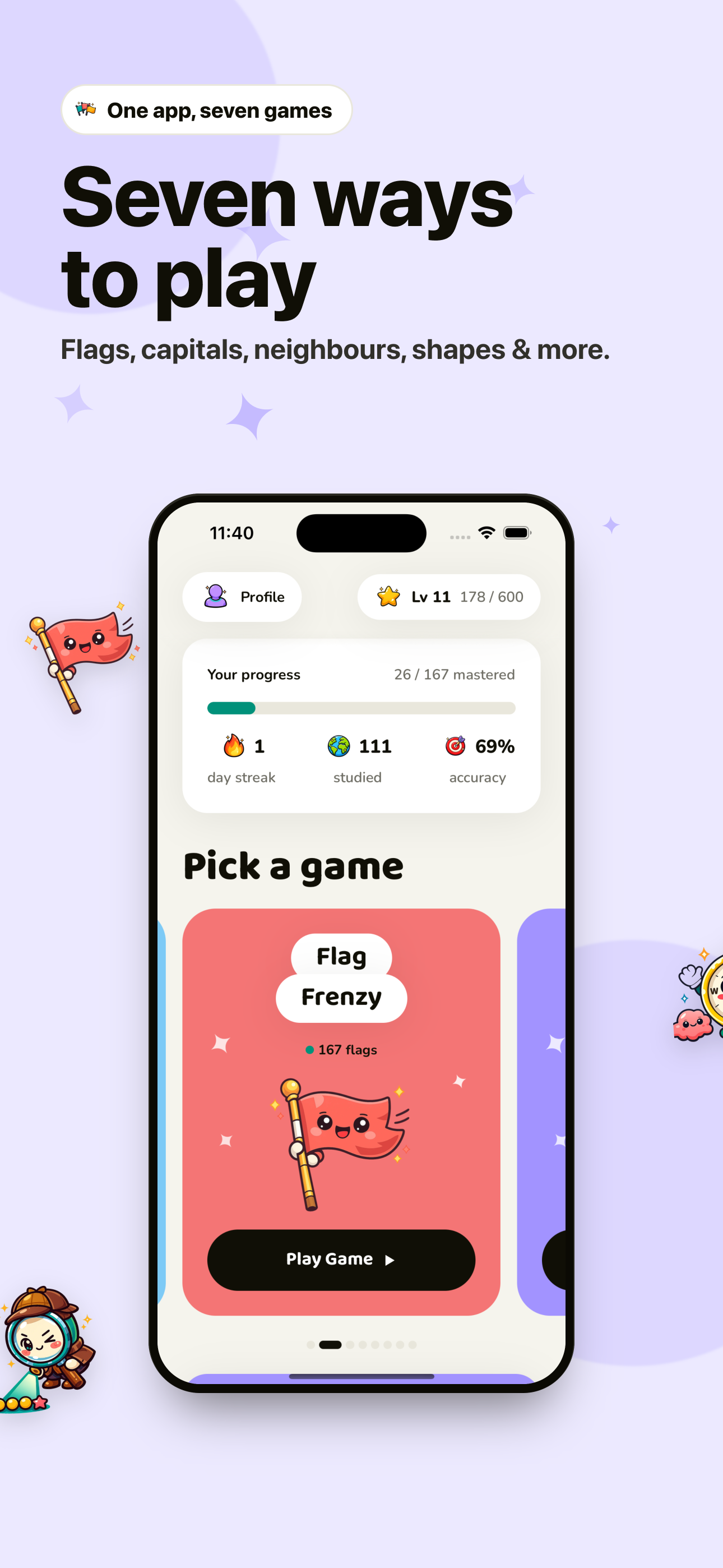 Home screen showing progress stats and a grid of game modes to pick from