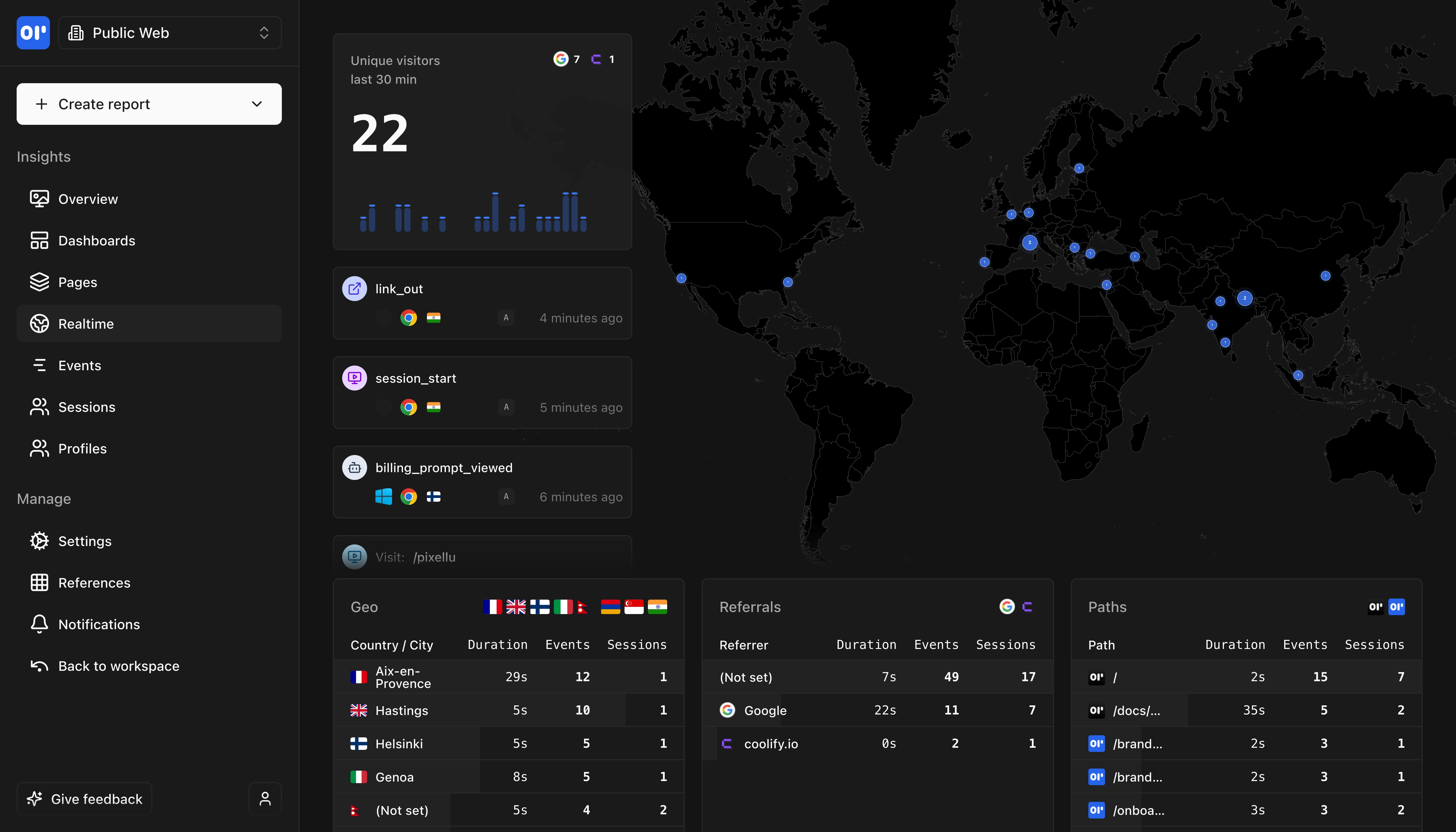 OpenPanel realtime view of live visitors and events as they happen